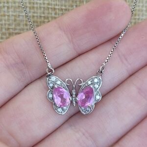 Vintage 925 Sterling Silver Pink Sapphire Butterfly Necklace on Box Chain
